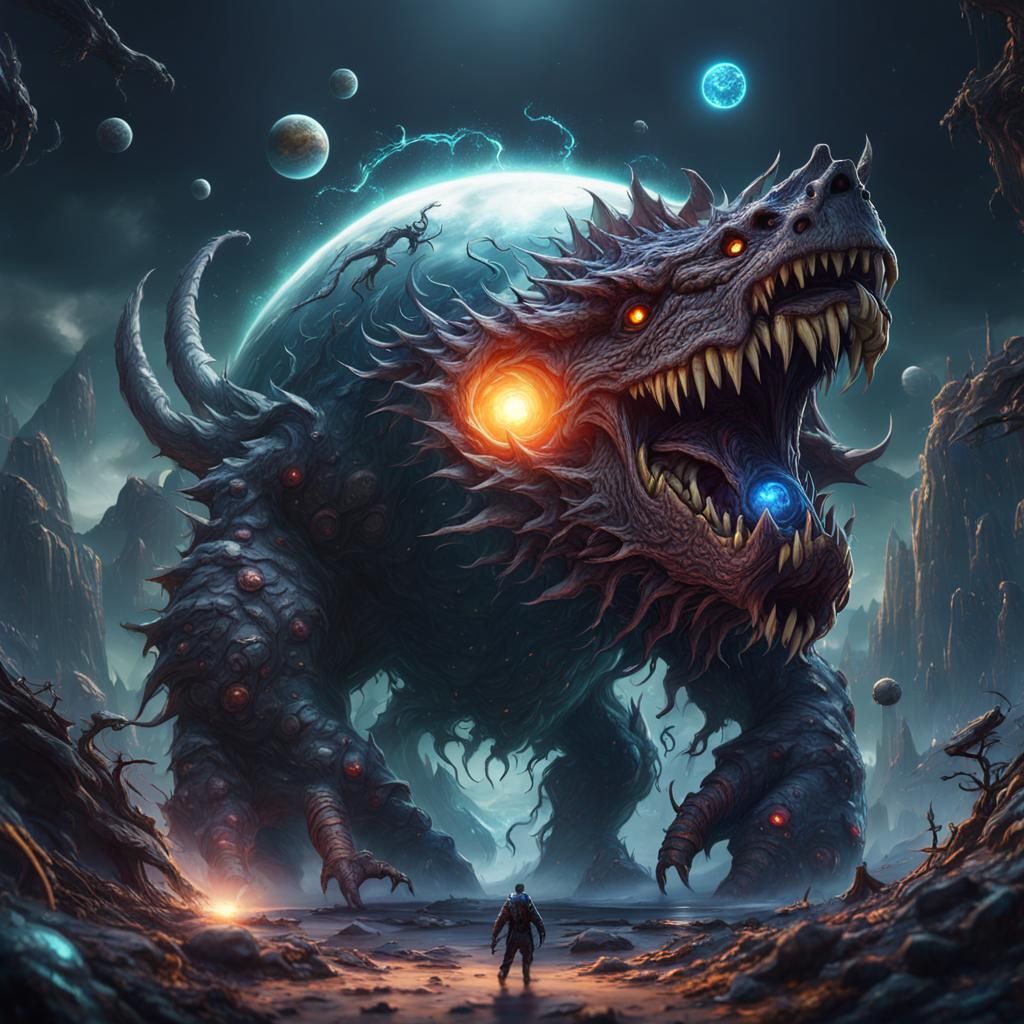Colossal Monster with Planet Interior: Fantasy Concept Art