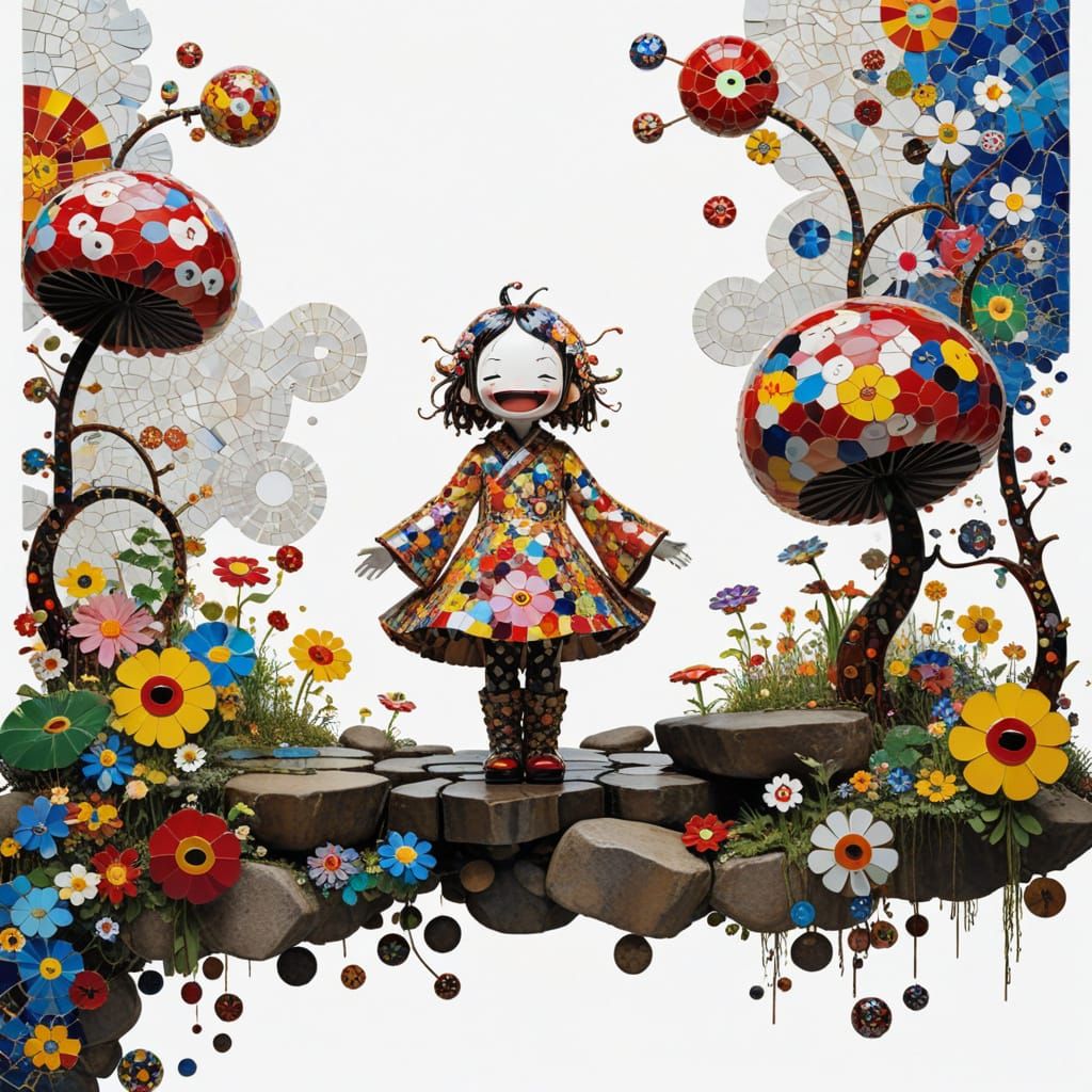 Kaleidoscopic Night Cityscape with Puddles and Mosaic Art