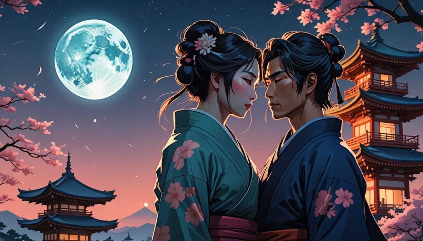 Samurai and Geisha Kiss in Anime Style