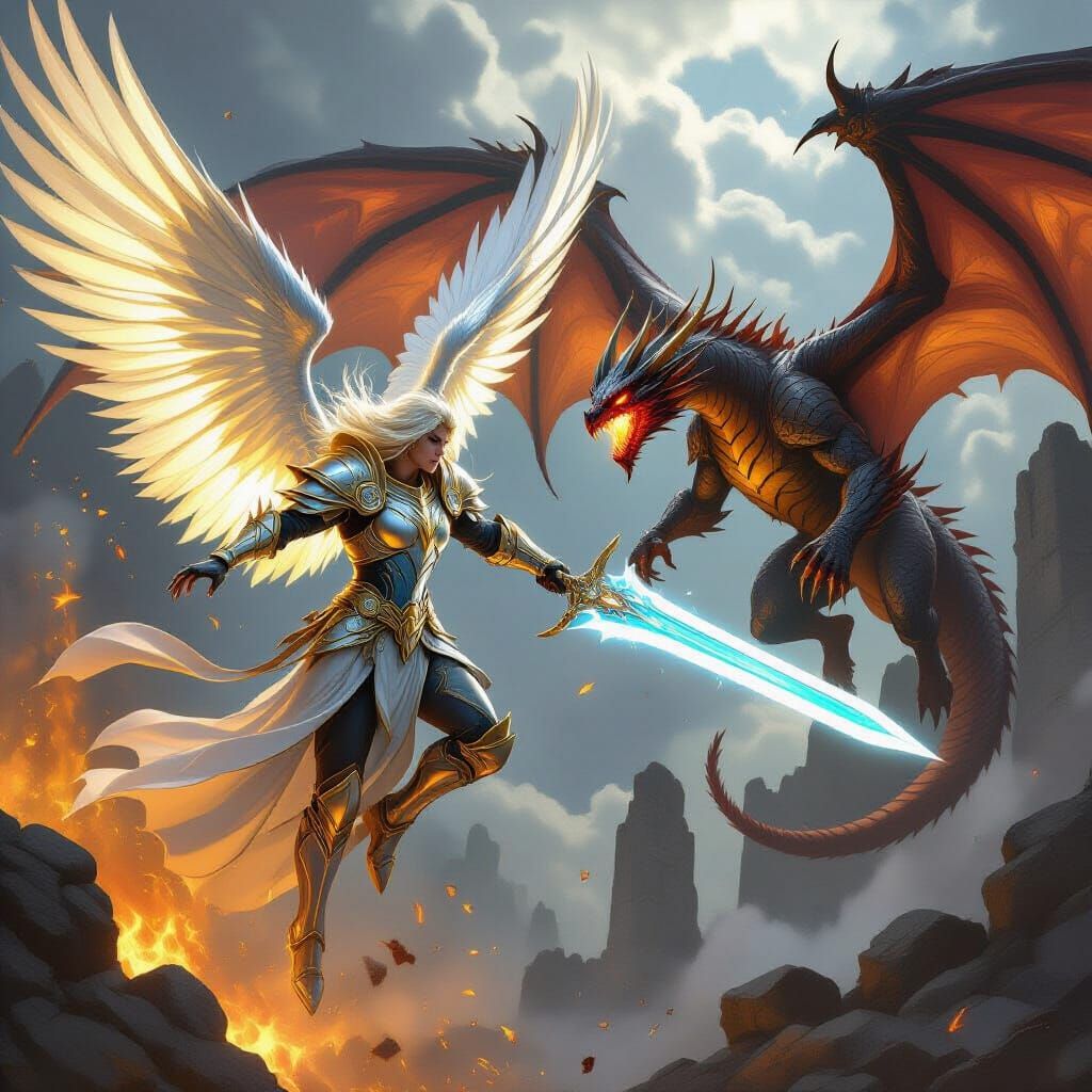 Angel vs. Dragon Clash in Dark Fantasy Style