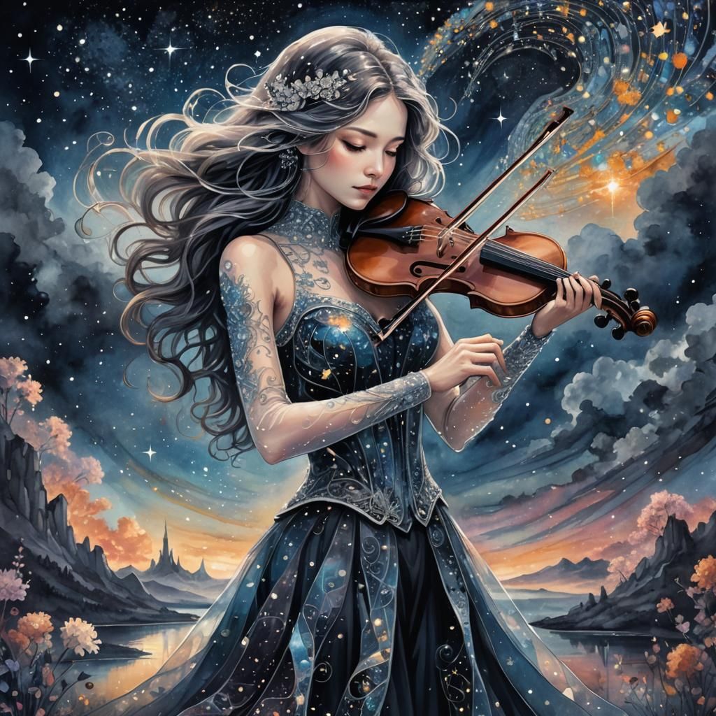 Crystal Woman Plays Violin in Astral Landscape
