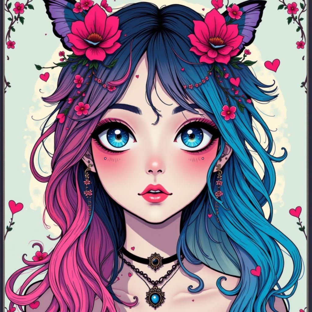 Emo Goth Dreamer in Cherry Pink and Blue