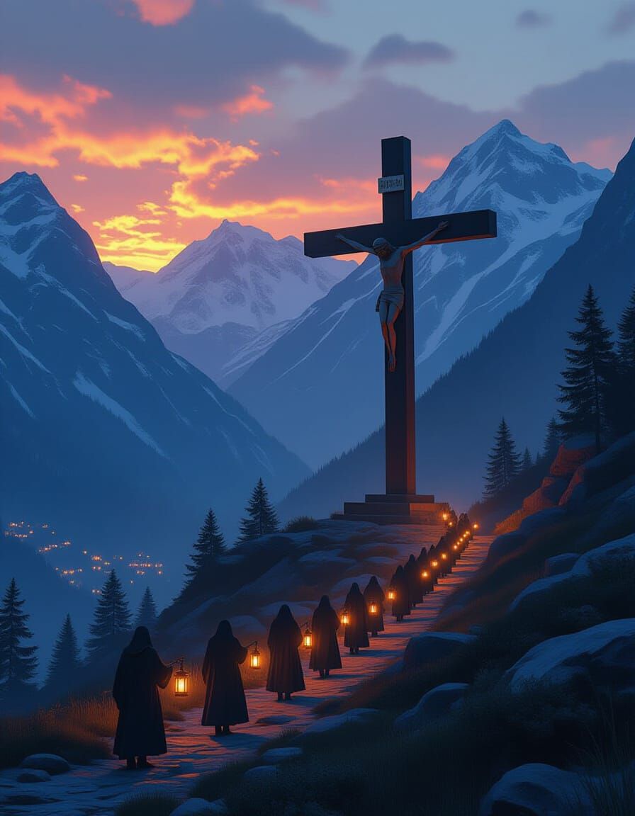 Night Mountain Procession in Matte Painting Style