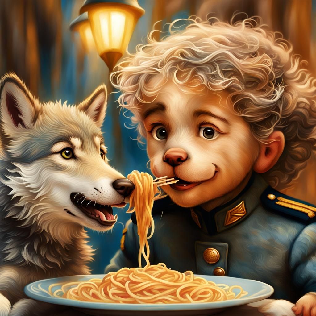 Wolf Puppy and Gendarme Eating Spaghetti, Impressionistic St...