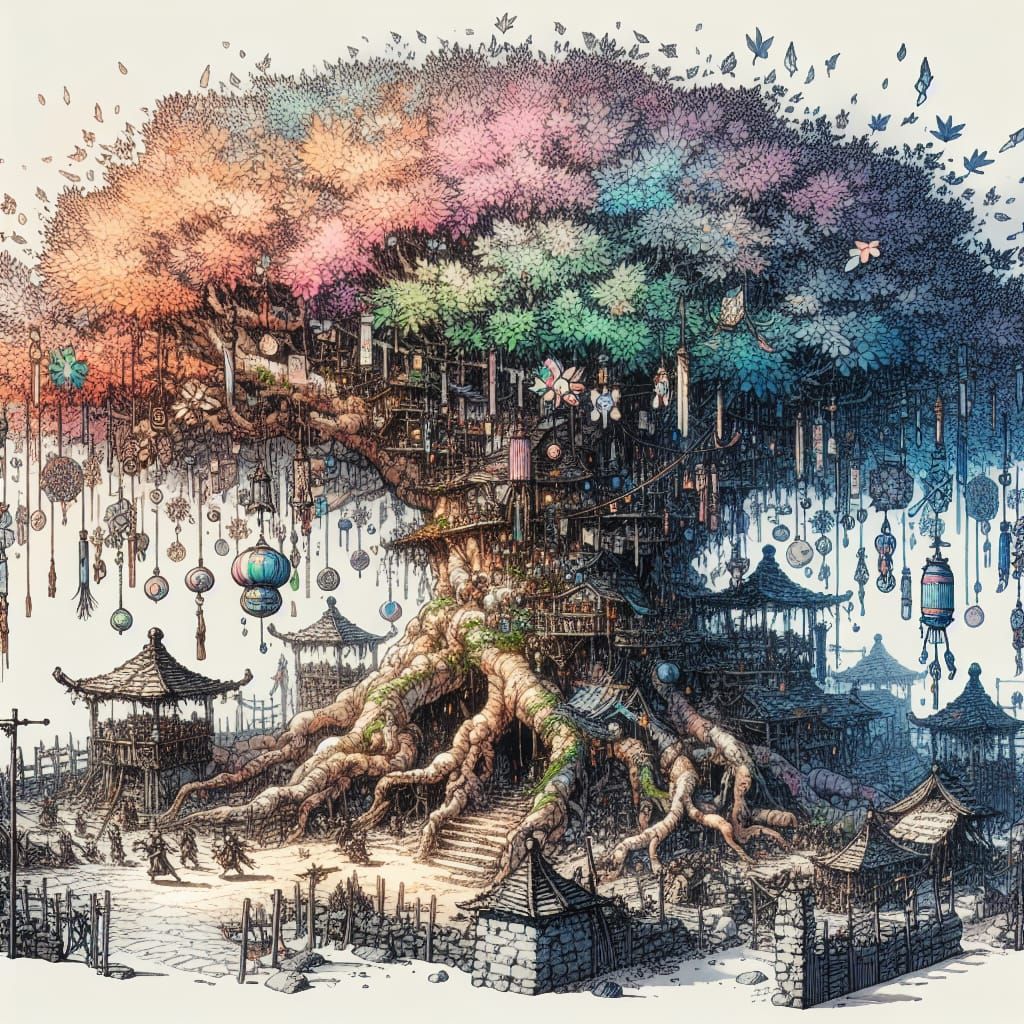 Whimsical Tree Village in Vibrant Hues