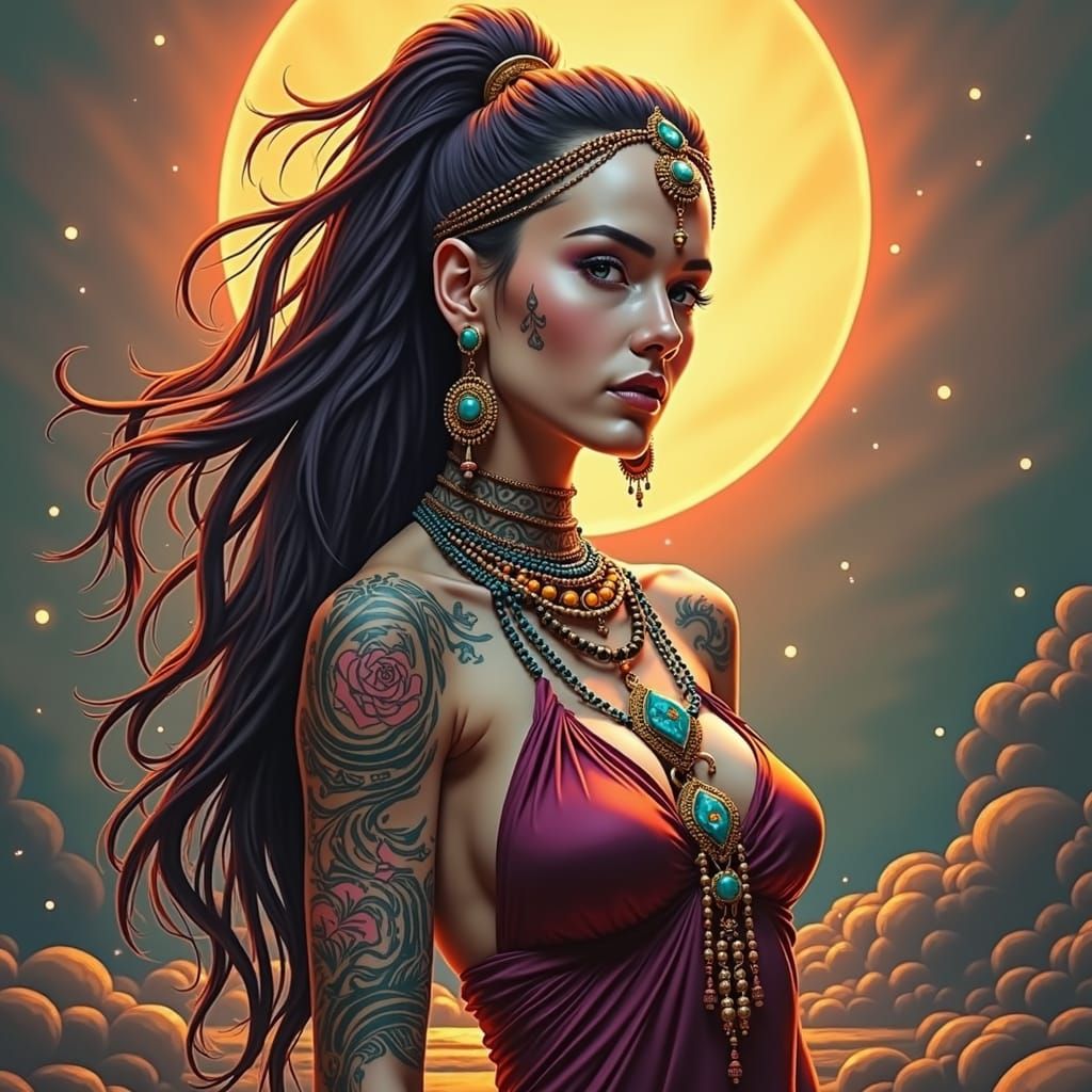 Tribal Tattoo Woman in Graphic Novel Style