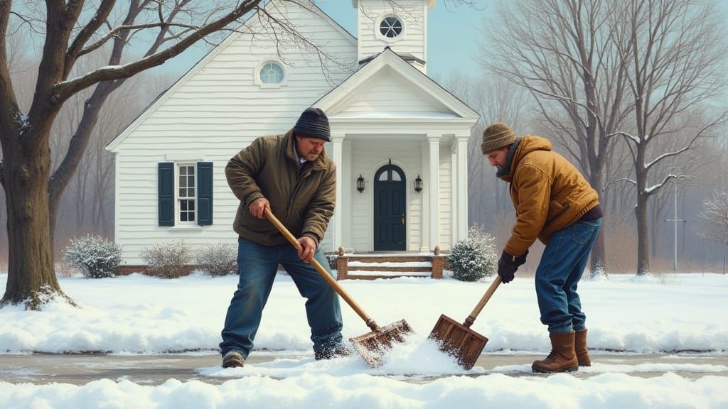 Two Men Clear Snow Outside a Classic Baptist Church in Winte...