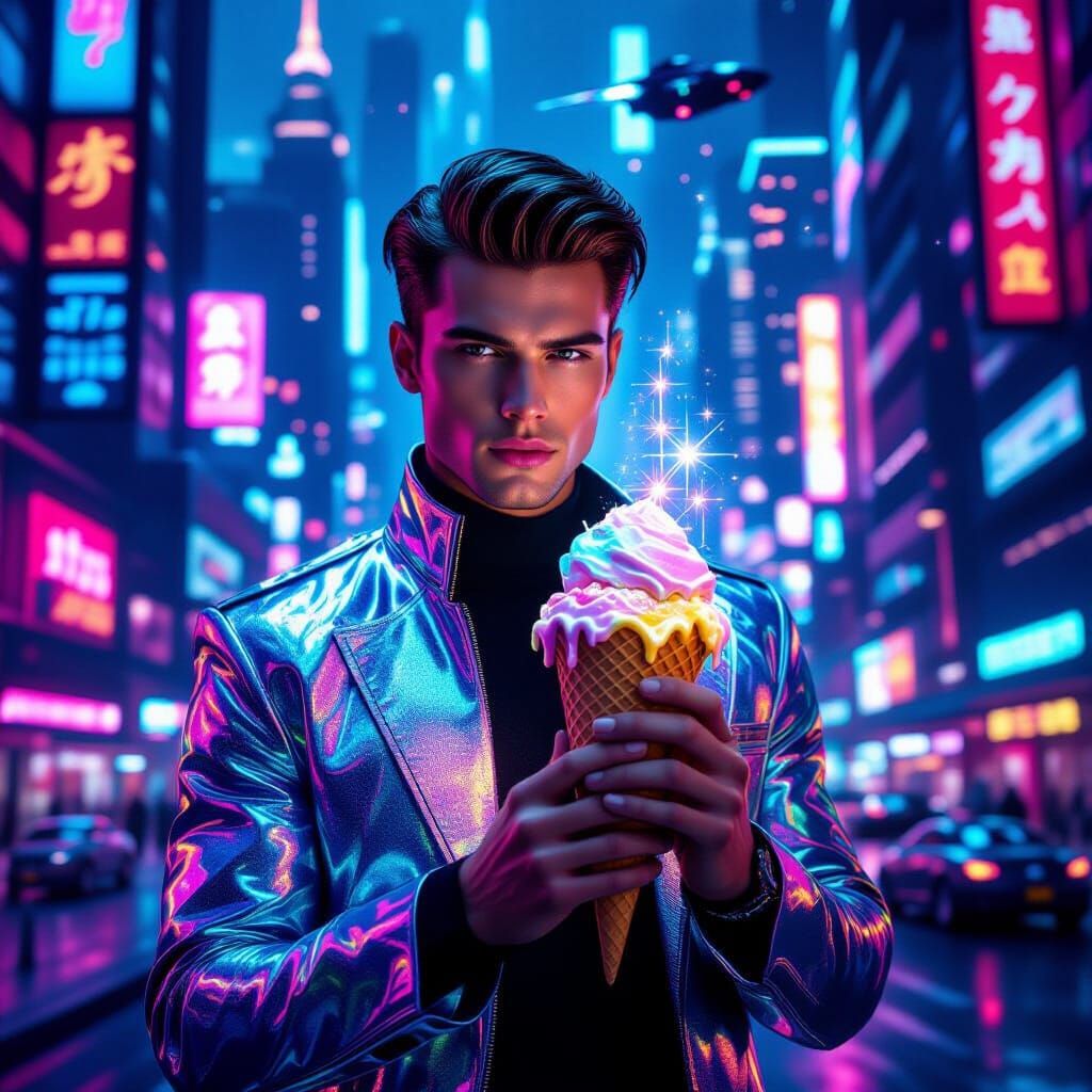 Neon Cityscape: Man with Glowing Ice Cream in Cyberpunk