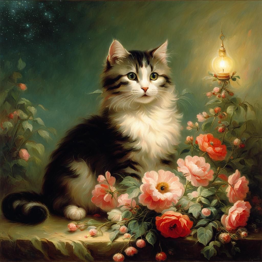 Cute Cat Surrounded by Flowers in Romantic Style