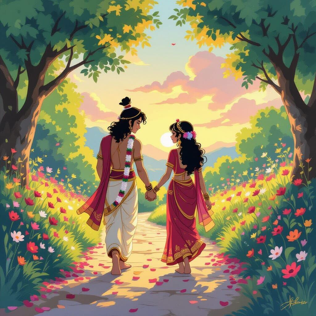 Krishna and Radha: Ghibli-Style Sunset Walk