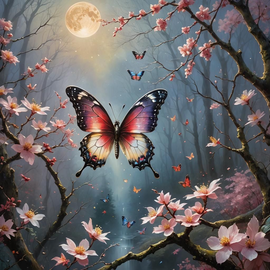 Gemstone Butterfly Under Red Moon: Ethereal Oil Painting