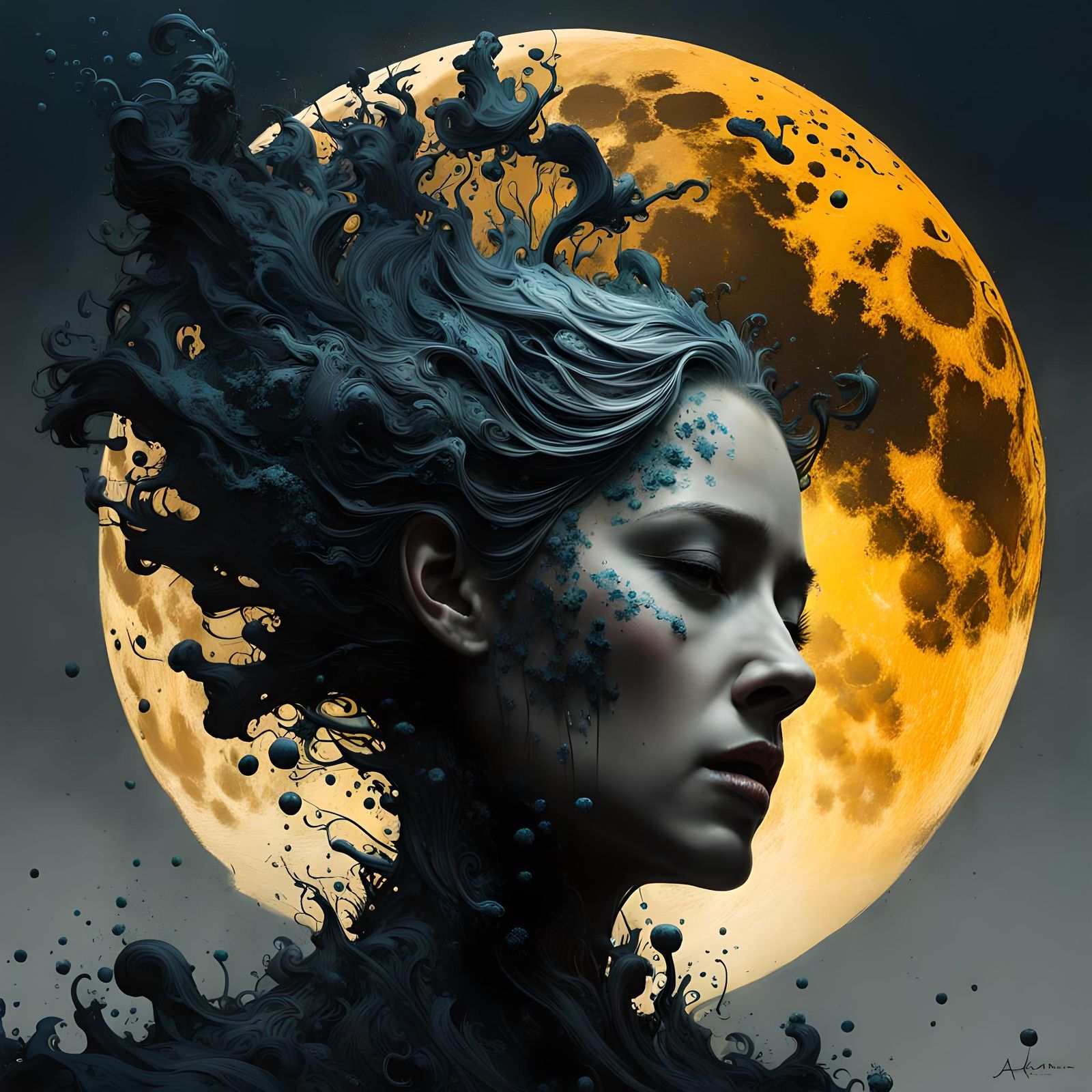 Ink Splatter Moon in Photorealistic Style