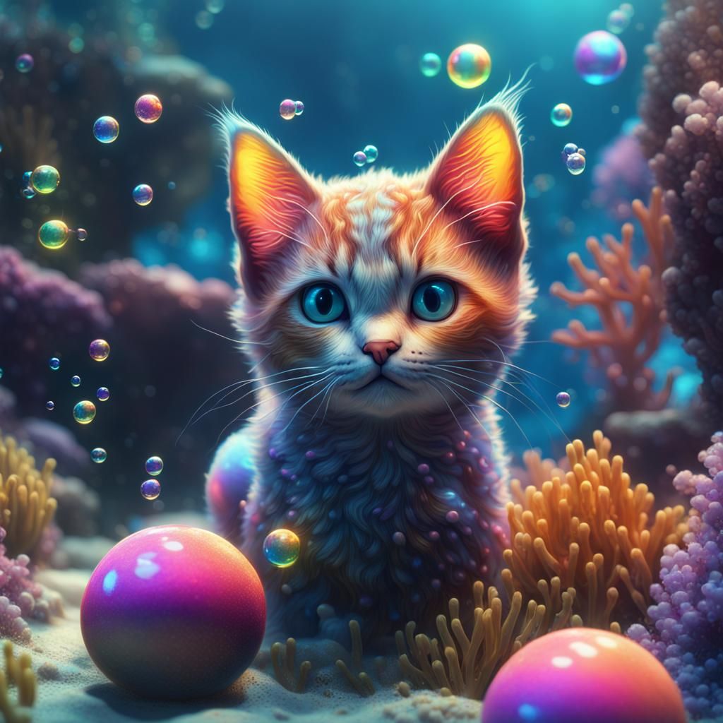 Underwater Coral Reef Kittens with Rainbow Bubbles