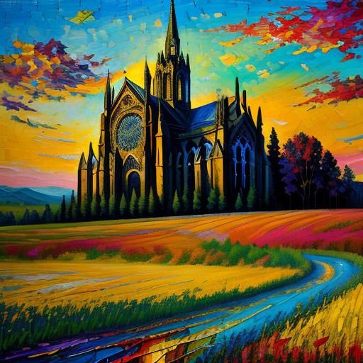 Majestic Cathedral Landscape in Expressionist Oil Painting