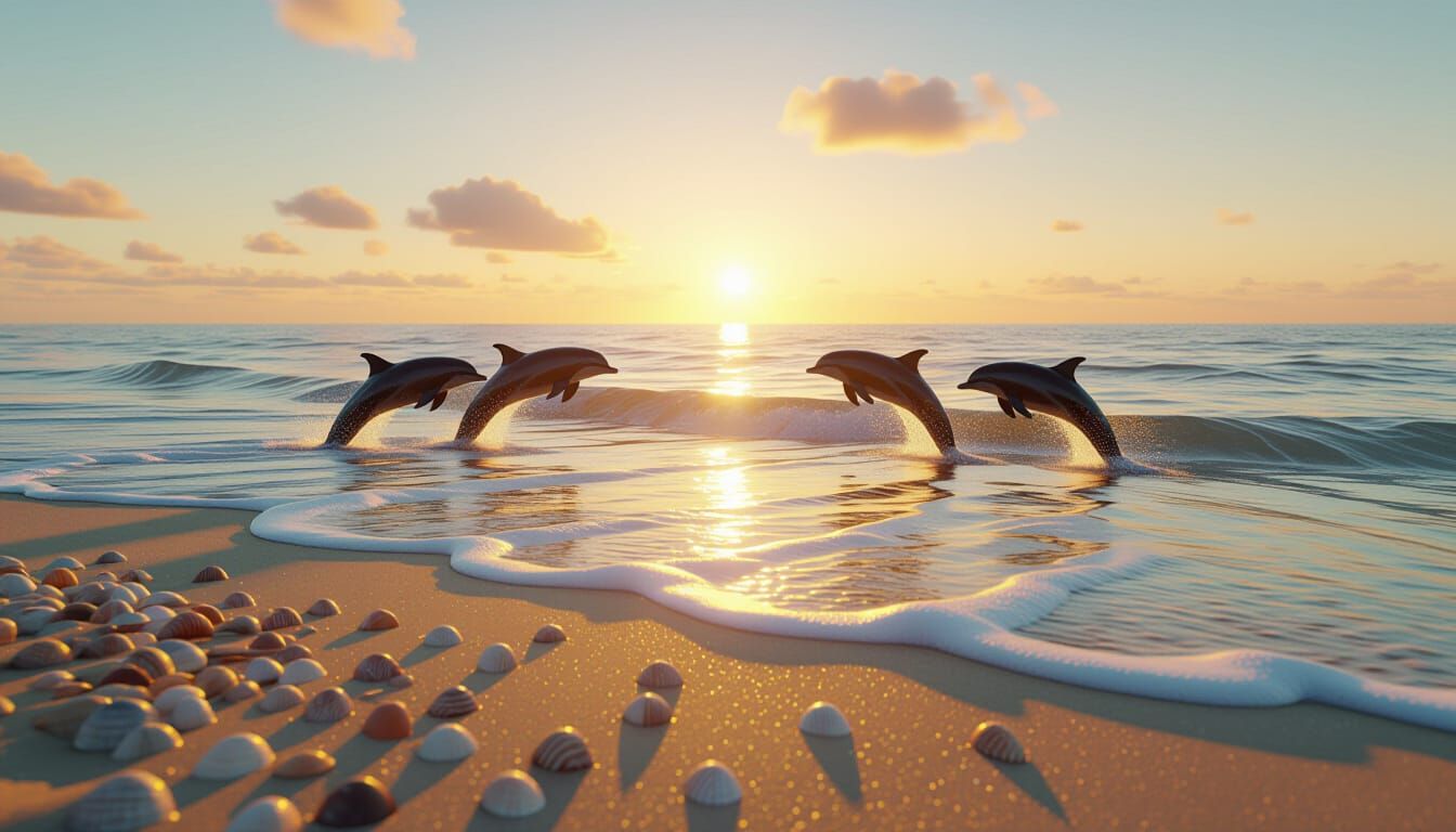 Photorealistic Beach Sunrise with Dolphins and Seashells