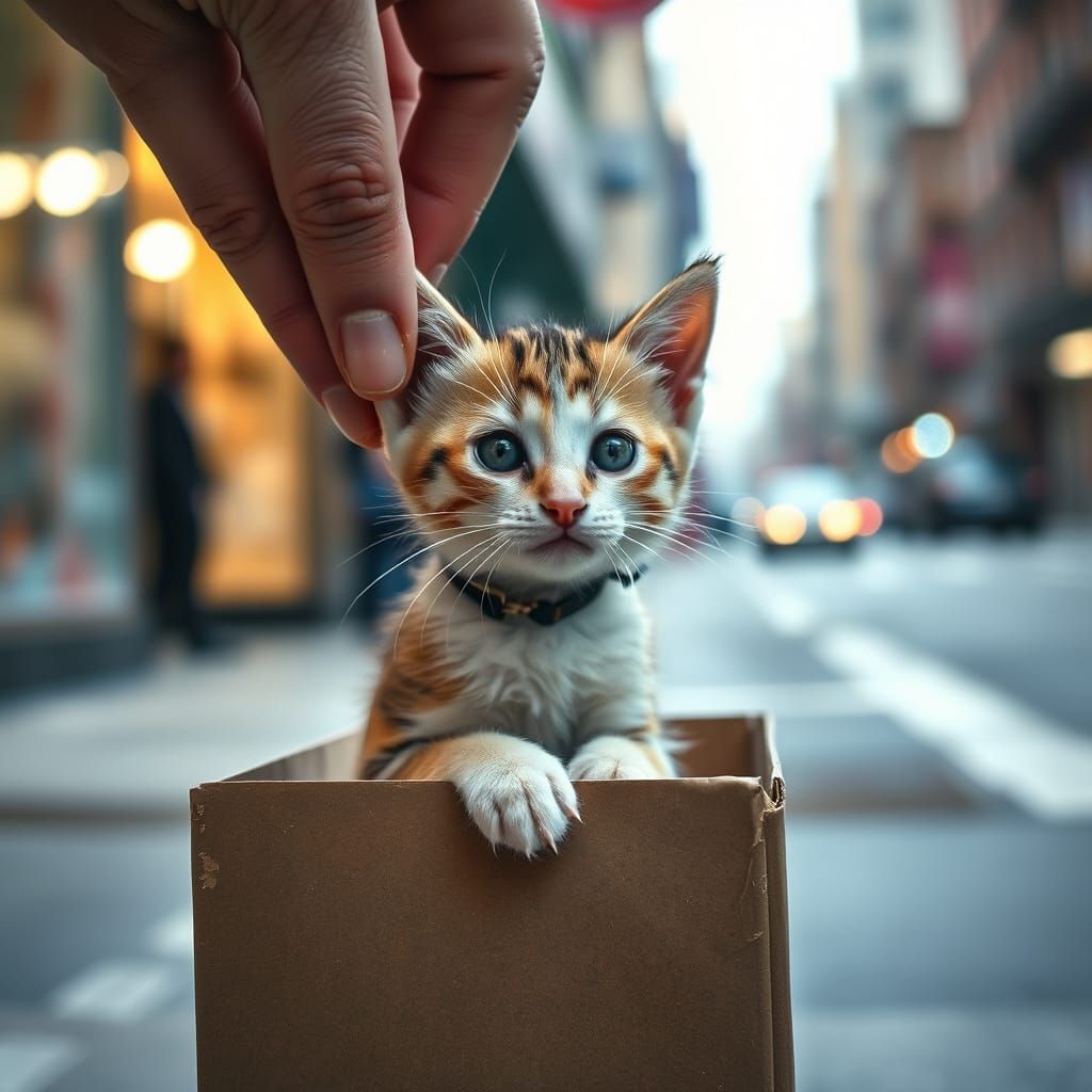 Hyperrealistic Kitten Rescue in Atmospheric Cityscape