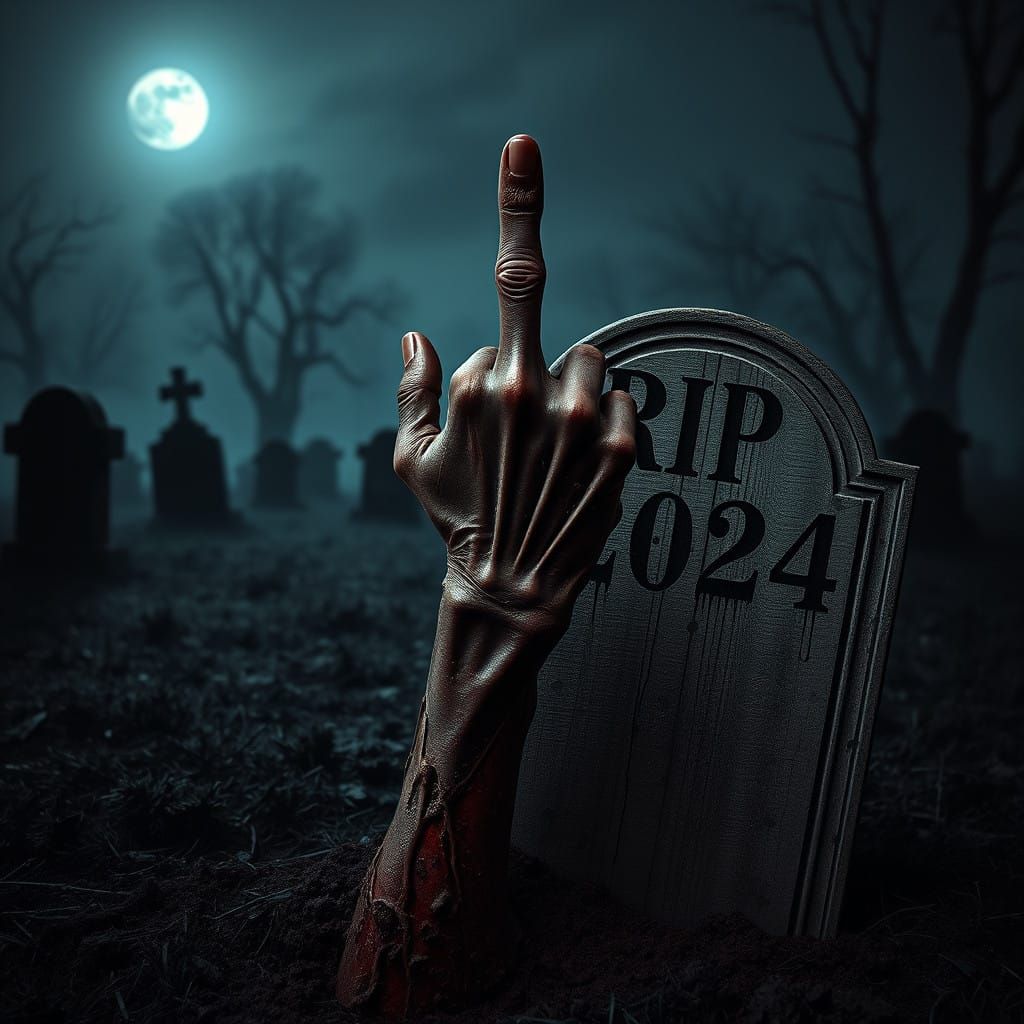 Eerie Graveyard Scene at Dusk with Zombie Hand and Fog