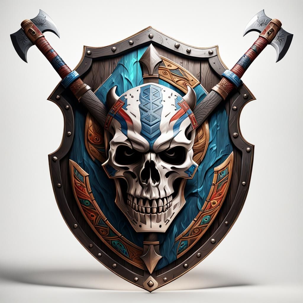 Skull Shield with Tribal Axes: Hyperrealistic Concept Art
