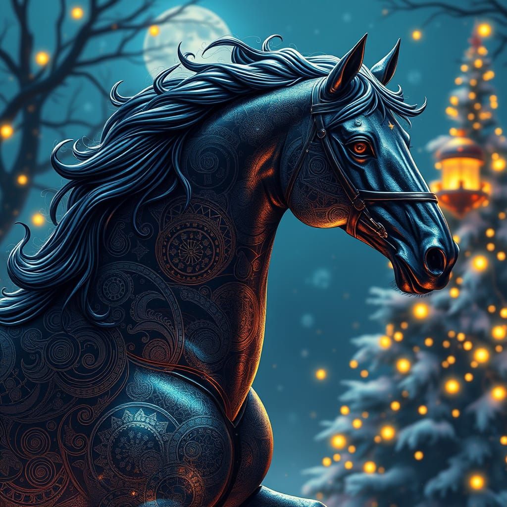 Golden Horse in Cyberpunk Christmas Wonderland