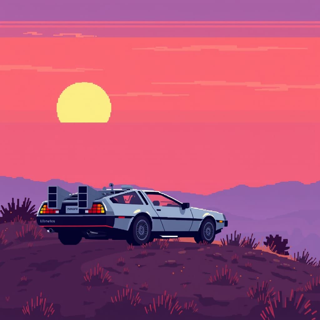 DeLorean Sunset in Retro Pixel Art Style