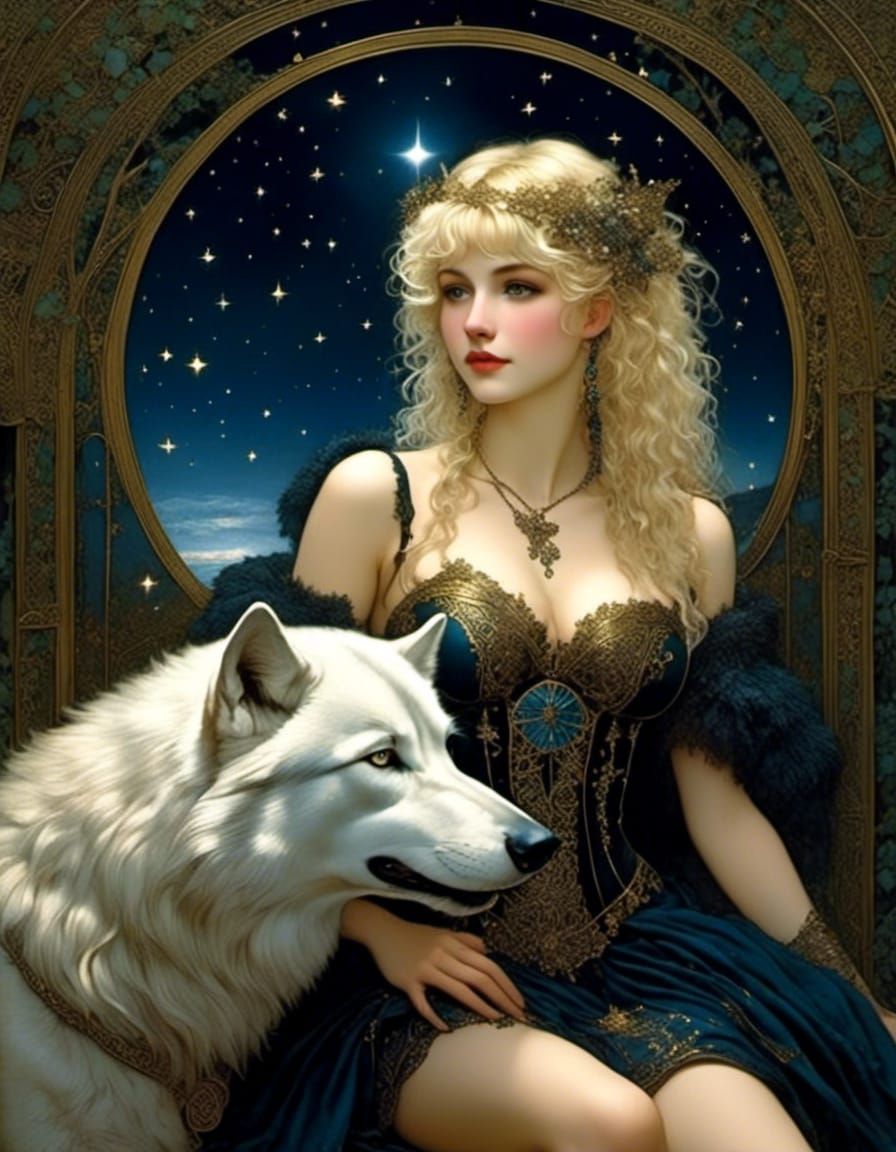 Nighttime Moonrise with Woman and Wolf