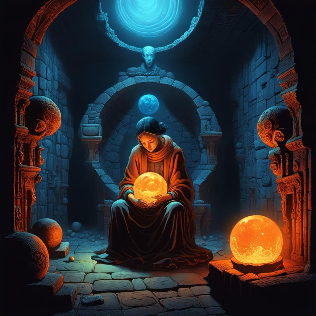 Mystical Chamber: Mother Surrounded by Glowing Orbs