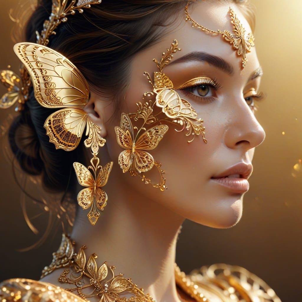 Gold Butterfly Earrings in Hyperrealistic Digital Art