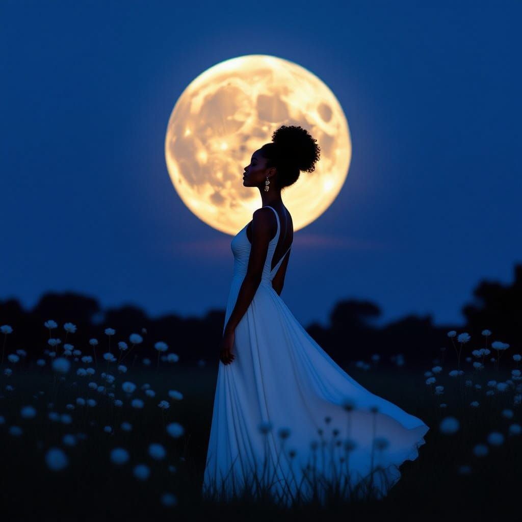 Elegant Woman in Silhouette Under the Flower Moon
