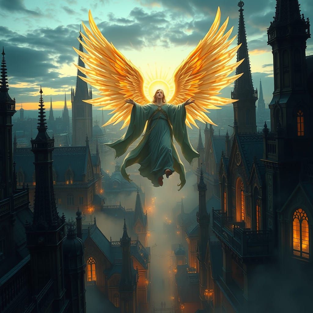 Angel Suspended over a Golden Cityscape at Dusk