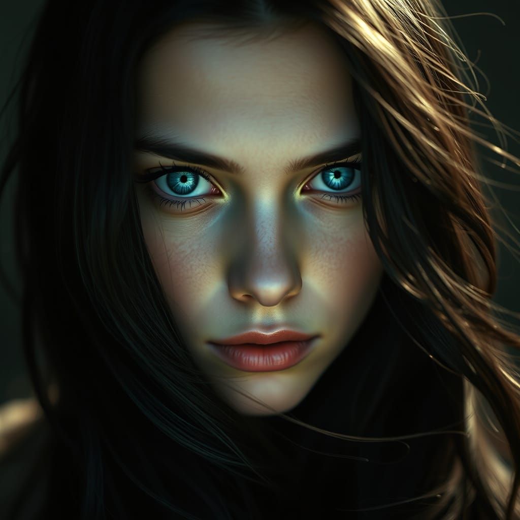 Enigmatic Young Woman with Piercing Blue Eyes