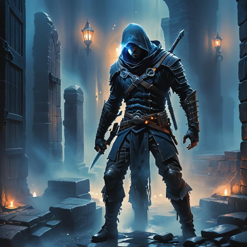 Fantasy Assassin in Misty Alleyway: Detailed Matte Painting