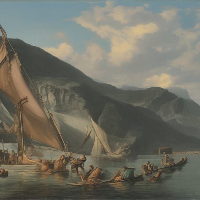 Etching of Man Fishing in Lake with Large Fish