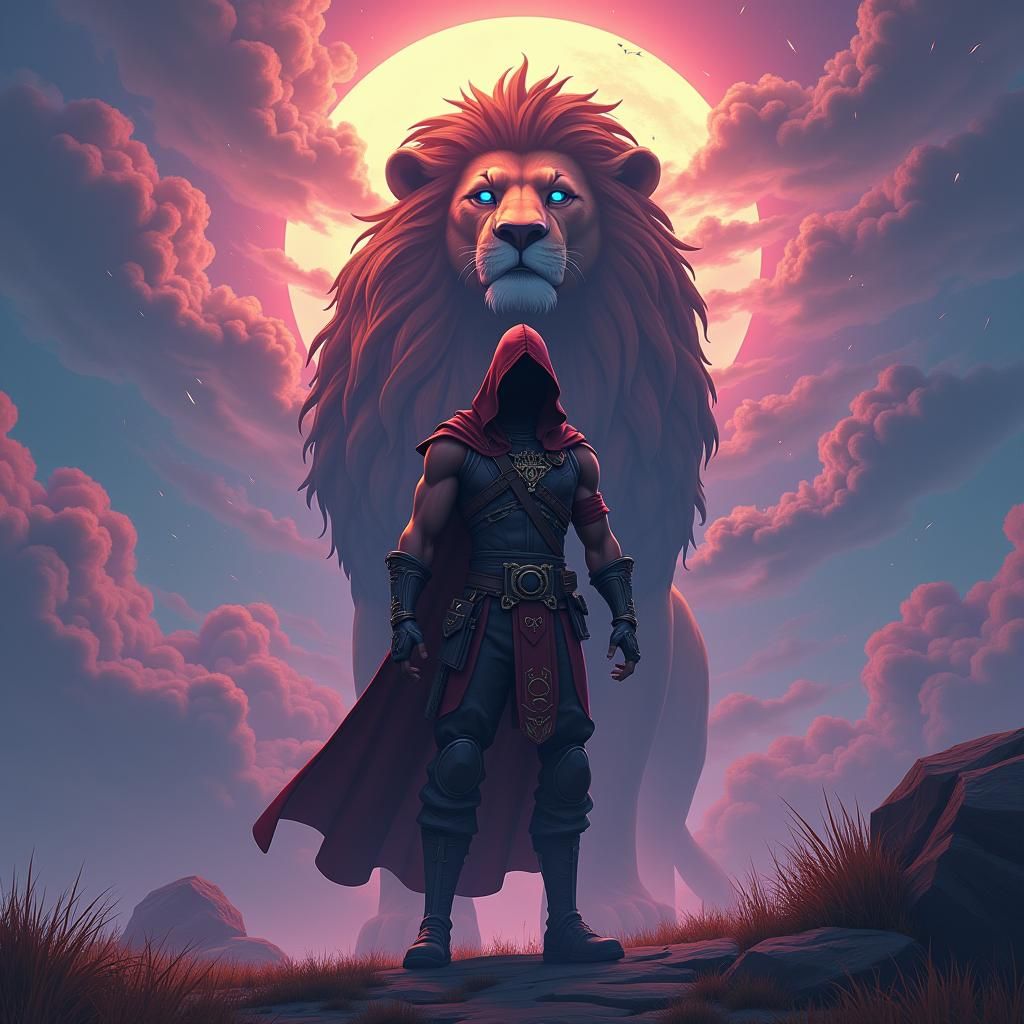 Mystical Fortnite Hero and Lion in Fantasy Landscape