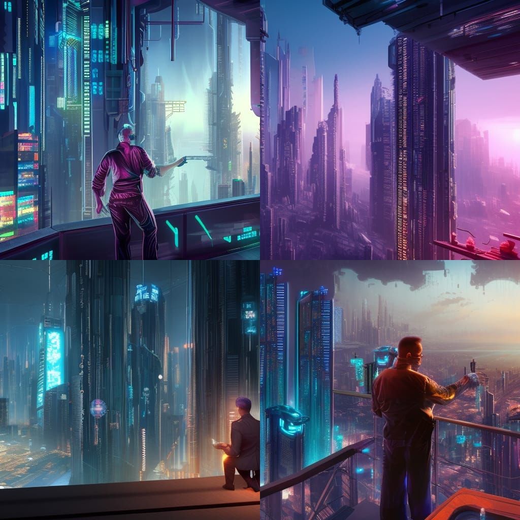 Cyberpunk CEO Overlooking City in Detailed Matte Painting