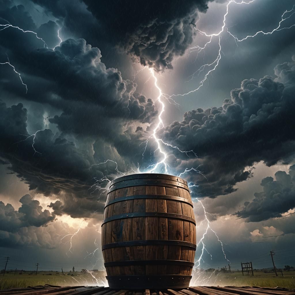 Barrel Soars Through Stormy Sky: Cinematic Digital Art