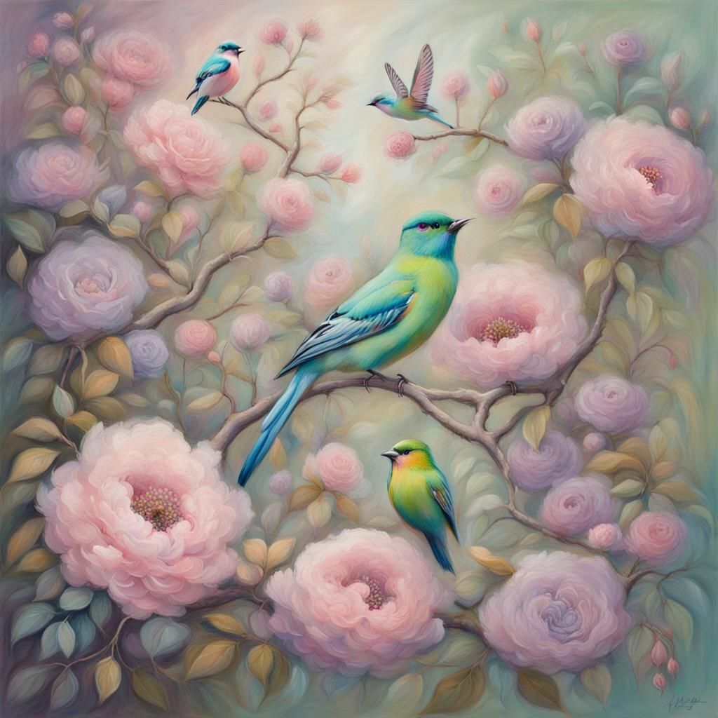 Whimsical Bird-Flower Fantasy in Pastel Hues