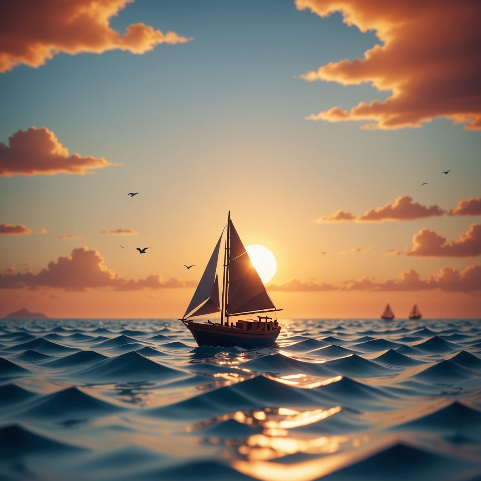 Vessel Adrift in Sunset's Warm Glow