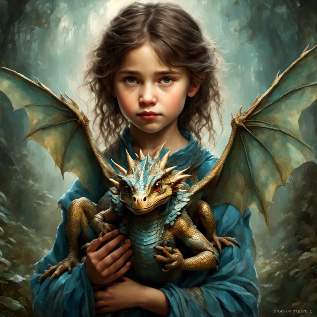 Girl Protectively Cradles Tiny Dragon: Hyperrealistic Image