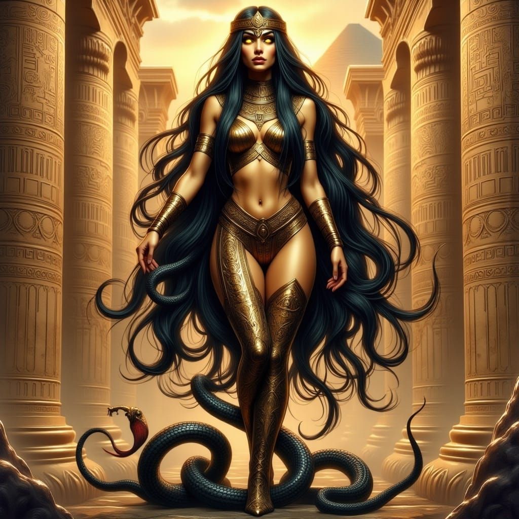 Anime Snake Goddess in Golden Egypt Landscape