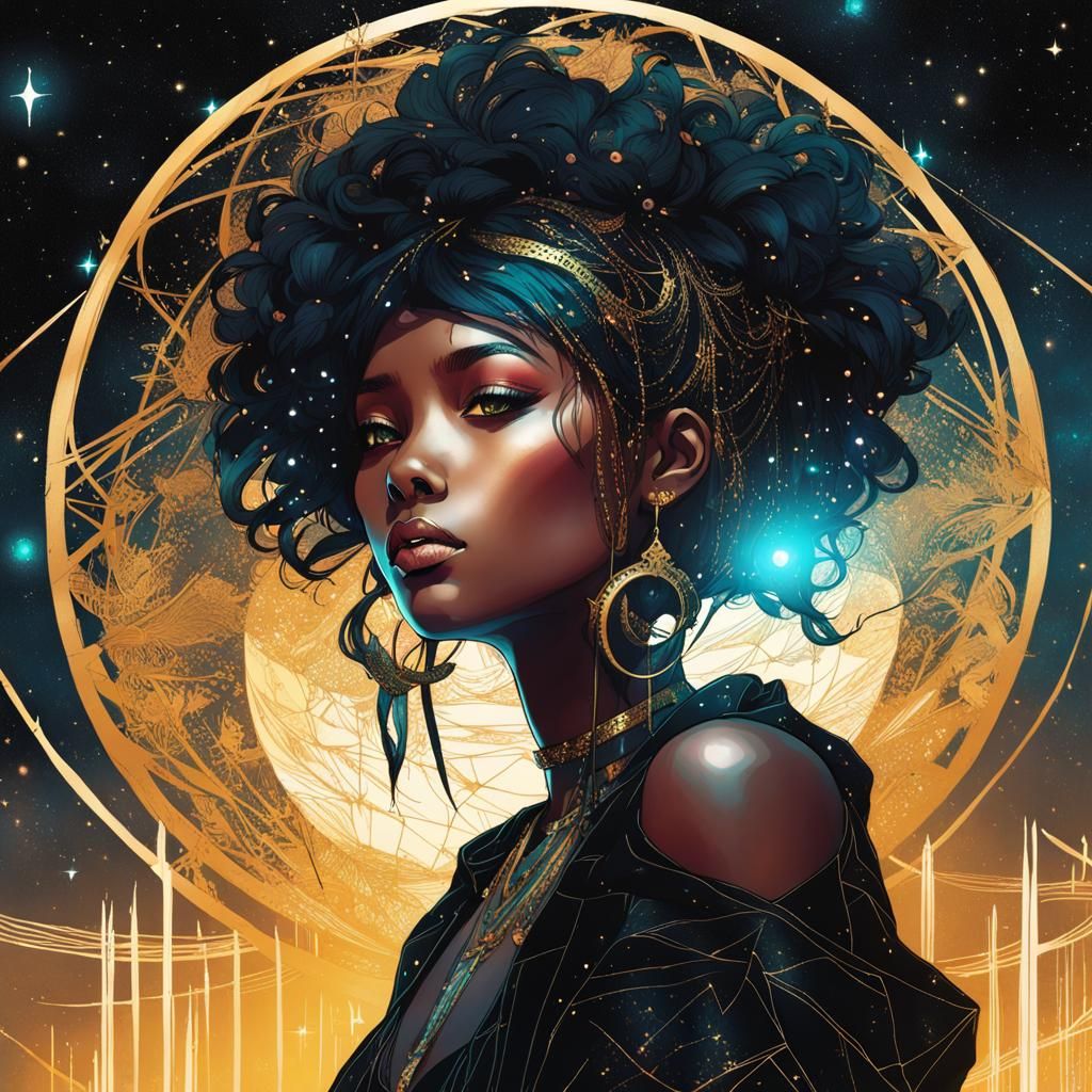 Black Raver Goth Girl Constellation in Anime Style