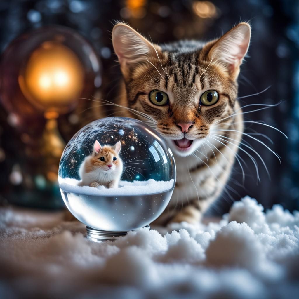 A Funny Cat Holds a Crystal Ball