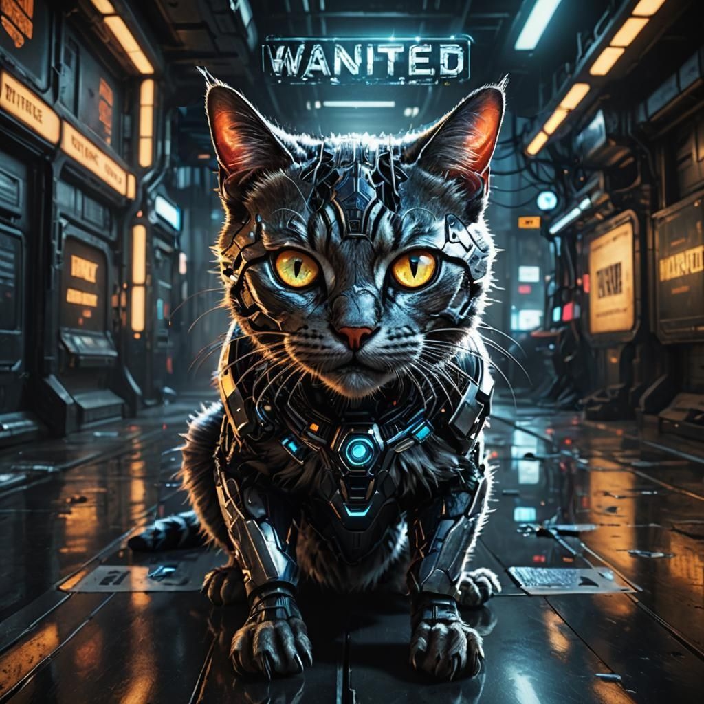 Futuristic Wanted Poster: Evil Bionic Cat in Cyberpunk Style
