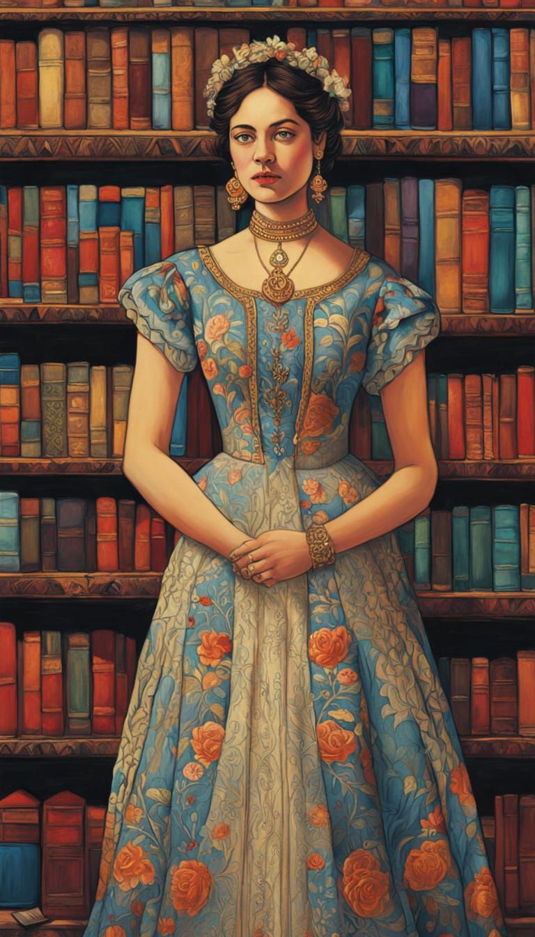 Victorian Woman in Library, Polychromatic Oil Painting