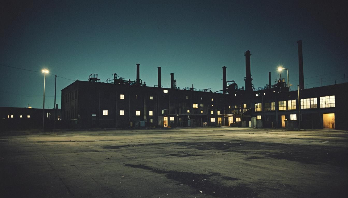 Ominous Deserted Factory at Night in Film Noir Style