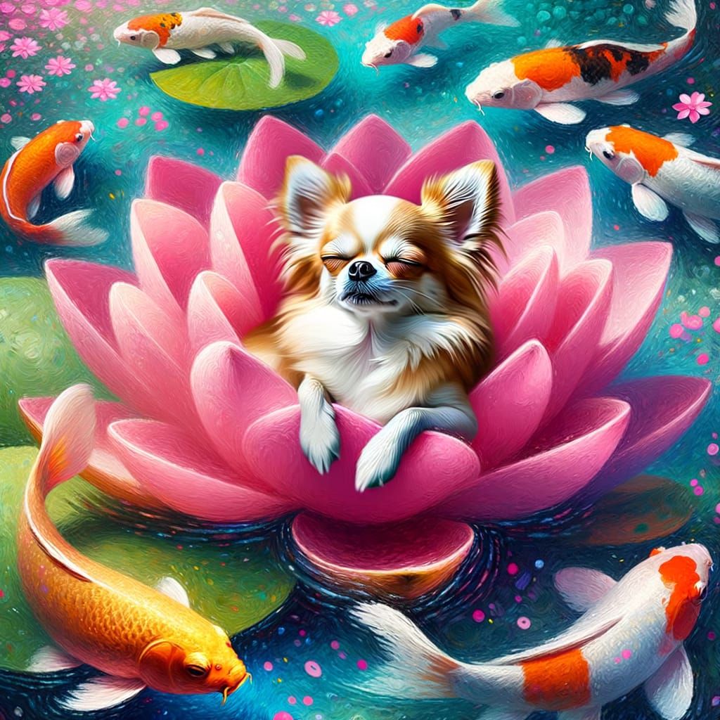Adorable Chihuahua on Lotus Flower in Abstract Art