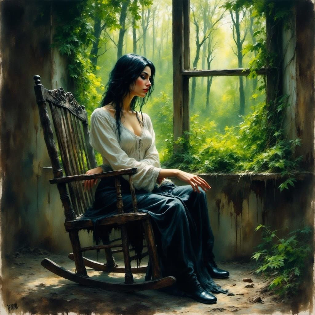 Woman in Forest Scene Watercolor Painting