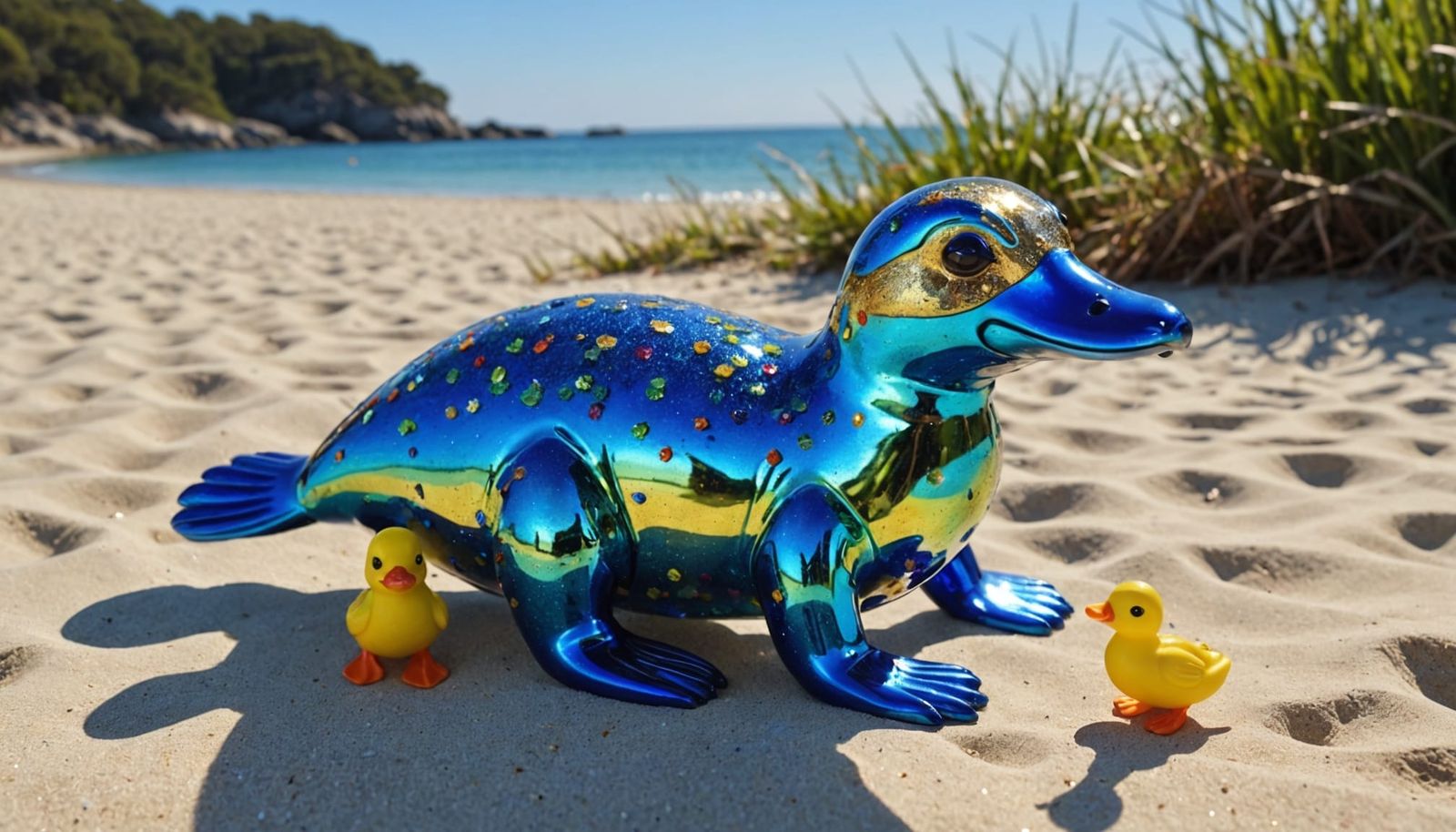 Cute Iridescent Platypus in Fantasy Beach Scene