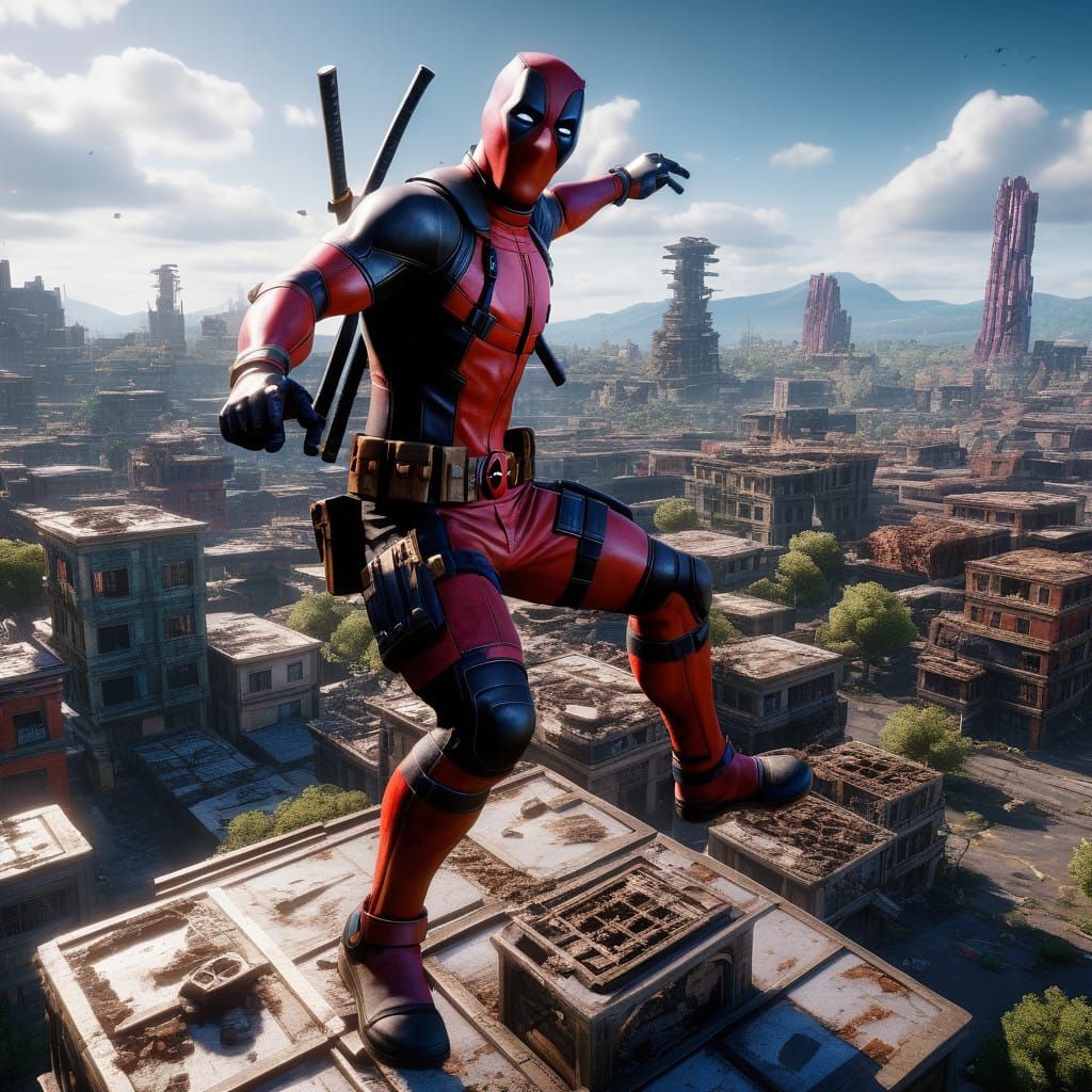 Deadpool Battles Thanos in Fantastical Ruined City