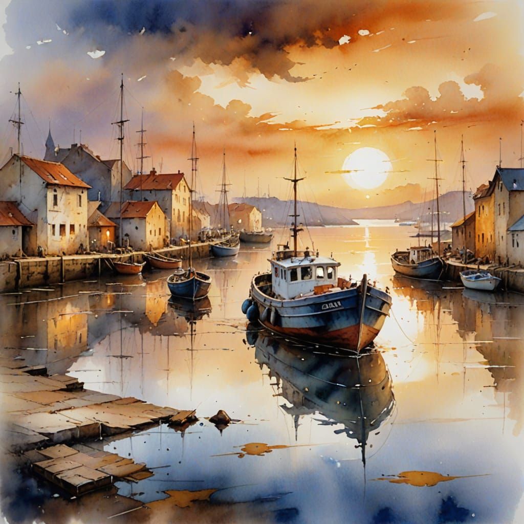 Whimsical Sunset Harbour Scene in Watercolor Style