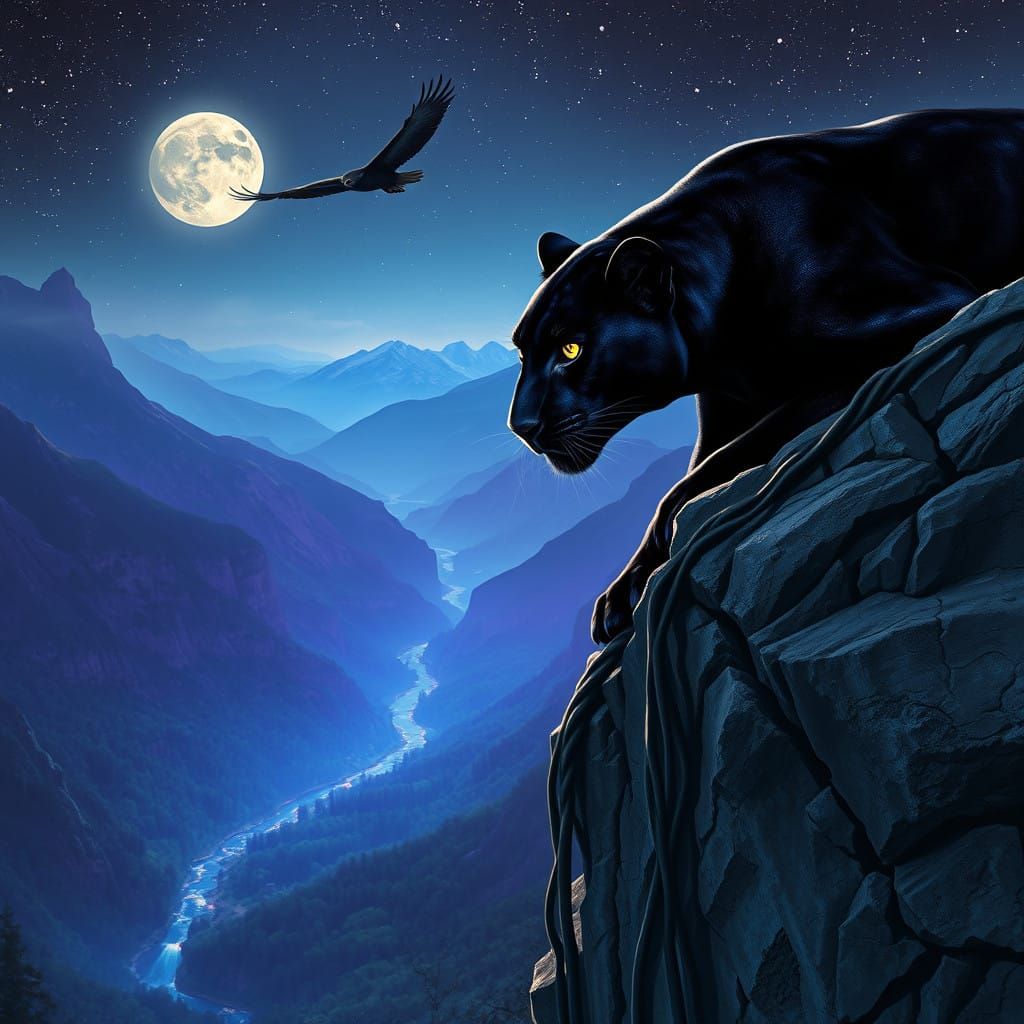 Majestic Panther Illuminates Mystical Valley under Celestial...